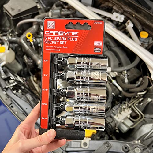 Carbyne Spark Plug Socket Set - 5 Piece, High Visibility 3/8-Inch Drive Sae & Metric Spark Plug Socket Set - Heat Treated Cr-V Steel, Mirror Polish #TOP7