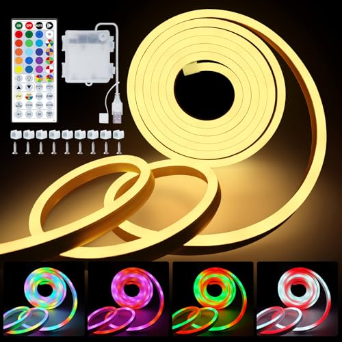 OMIKA 10FT Neon Rope Light Battery Operated RGB &Warm White Cuttable Lights with USB Outdoor LED Strip Lights Waterproof for Wall Bedroom Outside Indoor Christmas Dcor