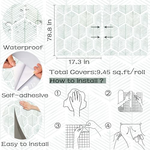 Image of OSECAGE Modern Peel and Stick Wallpaper Boho Contact Paper 17.3''x78.8'' | Geometric Self Adhesive Wallpaper Removable White and Green Wall Paper Decorative for Bedroom Bathroom Cabinets Decor Vinyl