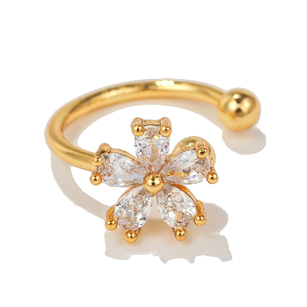 Dainty Crystal Flower Ear Cuff Earring Cubic Zirconia Cherry Blossom Cartilage Clip On Non Piercing Fake Huggie Hoops Earrings Cute Birthday New Year