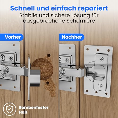 LIVING-TEC ® Scharniere Reperaturplatte 4er Set – Scharnier Reperaturset mit 4 Stahl-Platten und 48 Schrauben – Kein Bohren nötig – Hochwertige Schrank-Scharniere Reparaturplatte für Topscharniere