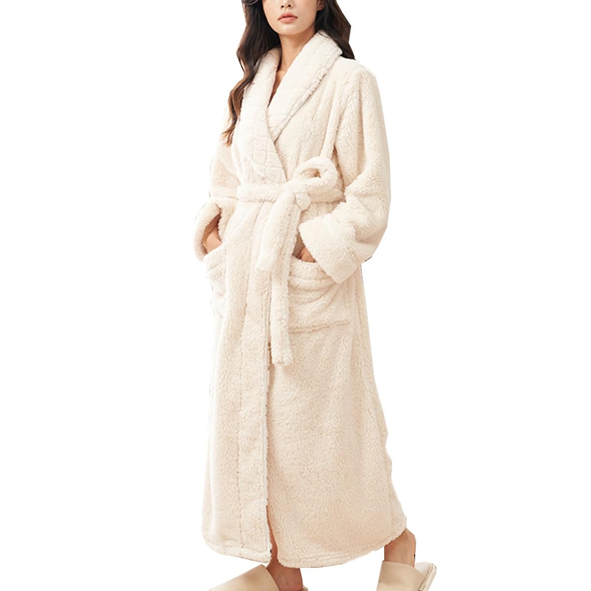 Szlafrok Damski Długi Rękaw Miękki Polar Szlafrok Męski Bielizna Nocna Wygodny Ciepły Płaszcz Domowy Koszula Nocna(/Beige,L women)