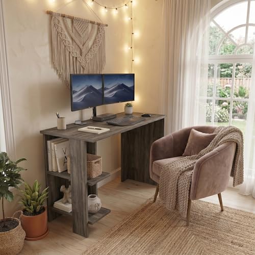 Image of Breeze Minimalist Study Table with 2-Tier Side Shelves, Modern White Computer Desk for Home Office & Students, 100x50x77cm (Dark Oak)