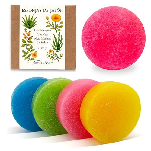 CABRERIZO SOAP 4 Esponjas Jabonosas desechables – Jabones artesanales, Jabones para regalar - Esponjas de Jabon manos y cuerpo 2 en 1, Pack 4×100 g Esponja baño Rosa Mosqueta, Aloe, Algas y Caléndula
