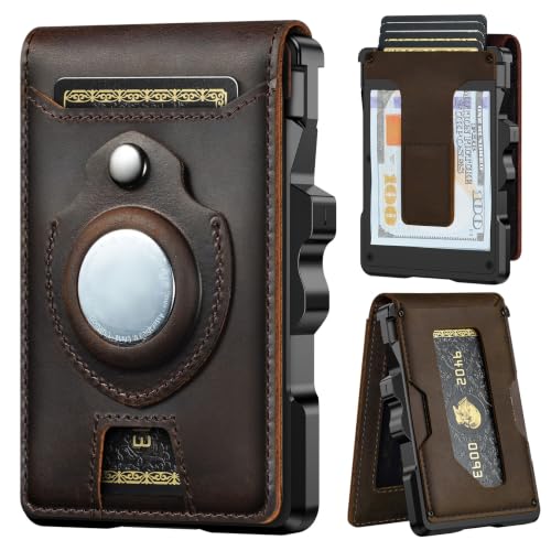 Image of furid Genuine Leather Wallet for Airtag: RFID Wallets with Airtag Holder | Full Grain Slim Minimalist Card Holder with Money Clip for Air Tag - Gift for Husband Father on Birthday Anniversary