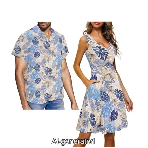 Image of Dreaweet Summer Dresses for Women A-Line Sleeveless Flowy Sun Dresses,Men's Casual Button-Down Shirts,Couple Matching Outfits