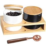 Glossy Coffee Containers with Shelf & Spoon - 2 x 17.9OZ(530 ML) Airtight Ceramic Coffee Beans Jar Food Storage Pot with Bamboo Lid for Nuts, Snack, Sugar, Tea, Flour Kitchen Supplies (Black&White)