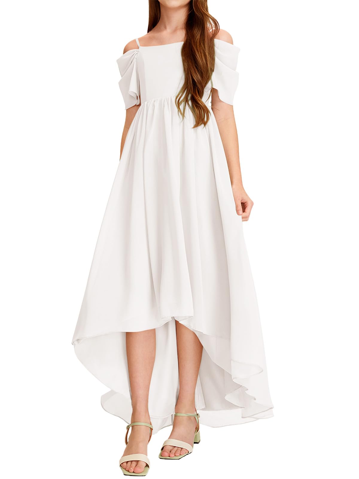 Haloumoning Robe asymétrique en mousseline de soie à épaules dénudées pour fille - Pour demoiselle d'honneur, fête d'anniversaire