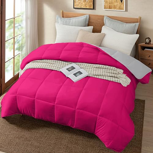 Image of Quilt for All Season 150 GSM Comforter Duvet /Ac Blanket Single Bed Soft Microfiber Lightweight (60 inch X 90 inch Inches) - Single Bed Comforter - Hot Pink /Silver Grey Color