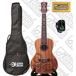 Luna Mahogany Tattoo Concert Ukulele LEFTY w/Tuner & CP, UKE TC MAH L PACK