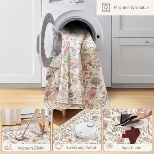 Tapete beige vintage lavable 5x7 pies miniatura 4
