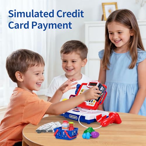 Image of FS Toy Cash Register for Kids with Scanner, Shopping Basket, Pretend Play Toys for Toddler 3-5-7 Years Old Boys and Girls Preschool Learning Activities, 57 Pieces Play Set