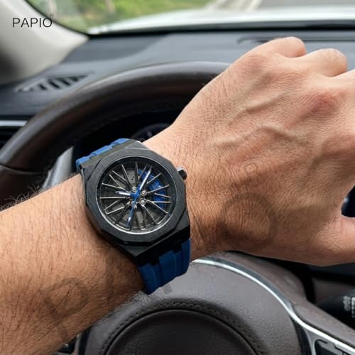 Image of PAPIO Men's Sports Analog Watch with Wheel Design Dial | Metal Case | Silicone Strap | Stylish Casual Watch for Men