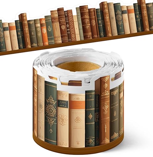 Image of BeYumi Vintage Bookshelf Border Trim - 65ft Back to School Retro Brown Books Rolled Border Trim Bookshelf Bulletin Board Library Classroom Office Chalkboard Home Reading Corner Wall Party Decoration