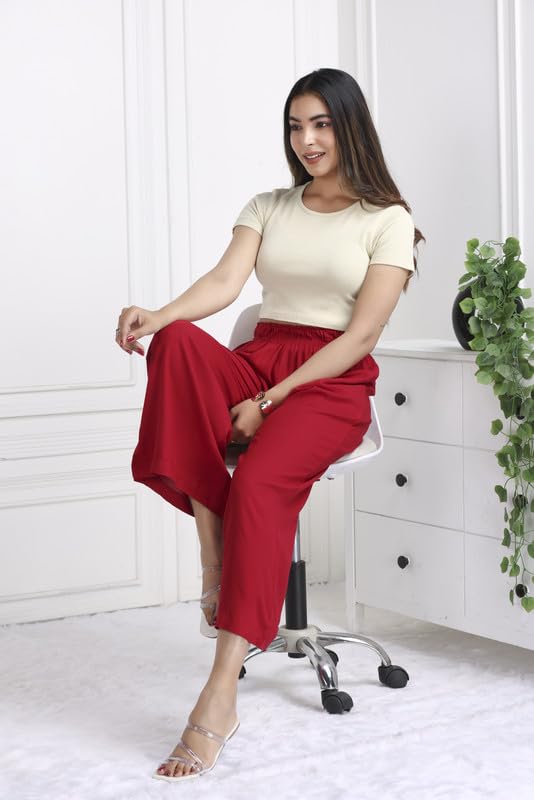 Image of Mlada Rayon Palazzo Pants for Women | Palazzo Pant for Women | Palazzo for Office Wear | Mid Rise Palazzo Pants | Regular Fit Palazzo Pants for Women | Relaxed Palazzo Pants | Solid Palazzo Pants