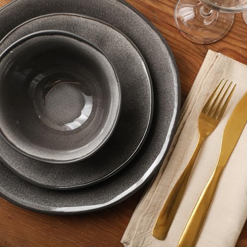 Image of Gibson Elite Port Barton Plates and Bowls Sets, 12-Piece Stoneware Dinnerware Sets, Reactive Glaze Dish Set - Black