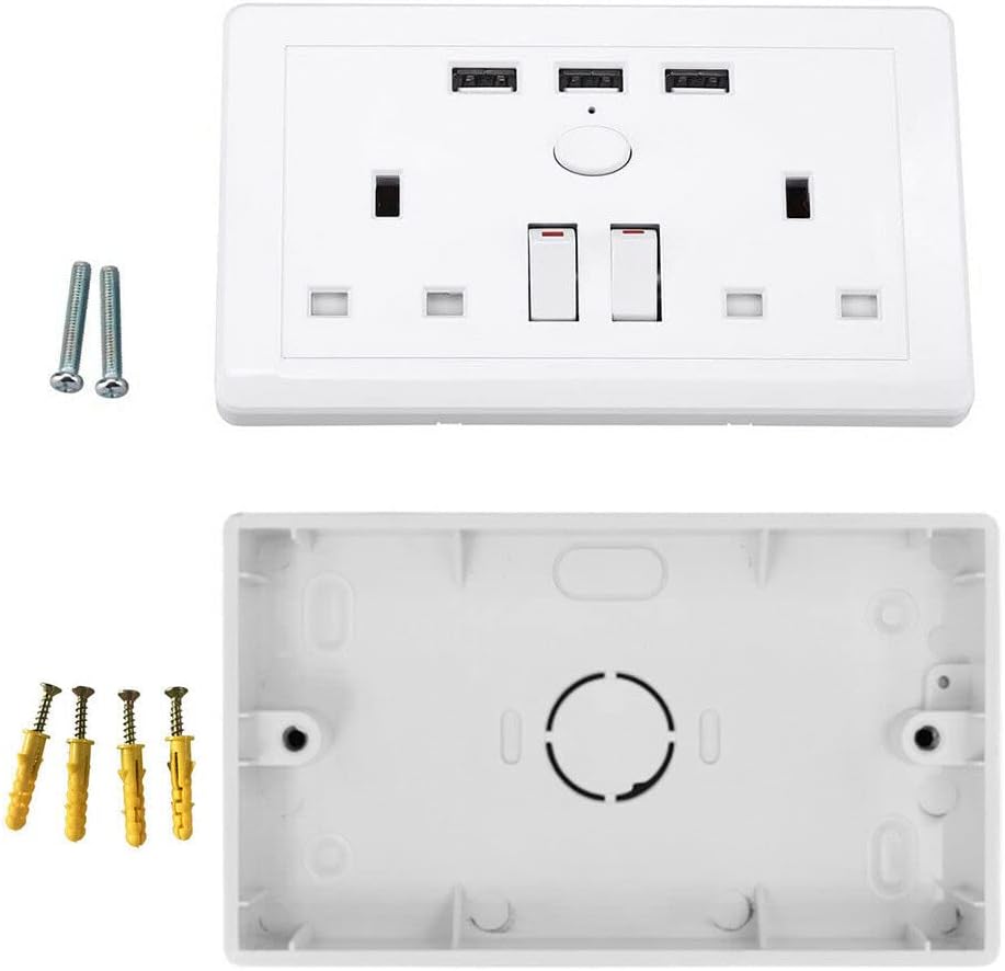 Double White Wall Faceplate 2 Gang Plug Socket 13A with 3 x USB Outlet Ports