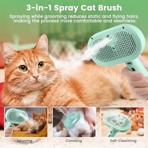 Image of 3 in 1 Cat Steam Brush, Pet Spray Hair Removal Comb for Shedding & Grooming, Water Brush for Cats Dogs Small Animals Long Short Haired with One-Click Release Button(Green)