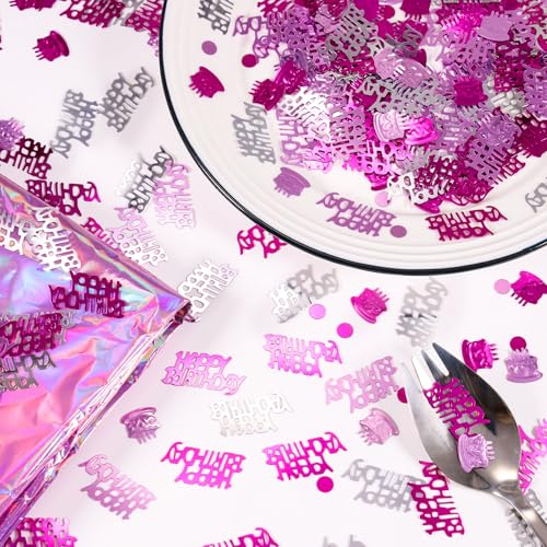 Image of Hot Pink and Silver Happy Birthday Confetti, 3000 Pcs Birthday Cake Table Metallic Foil Confetti Party Table Decor for Party, Baby Shower, DIY Arts and Crafting