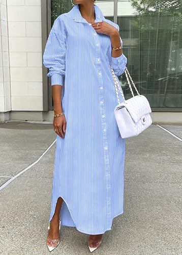 Image of Choichic Button Down Shirts for Women Cotton Casual Collared Striped Shirt Long Sleeve Maxi Dress