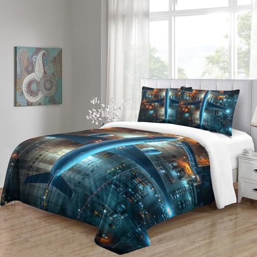 Housse de couette avion 3D parure de lit 3 pièces en microfibre 200x200cm avec taies