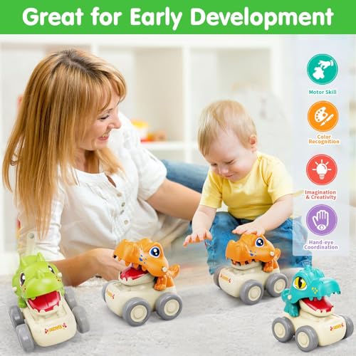 Image of MOONTOY Baby Car Dinosaur Toys for 3 4 5 6 7 8 Year Old Boy Press and Go Cars for Toddlers 3+, Push Go Dino Cars Toddler Toys Baby Toys Easter Basket Stuffers 1st Birthday Gifts