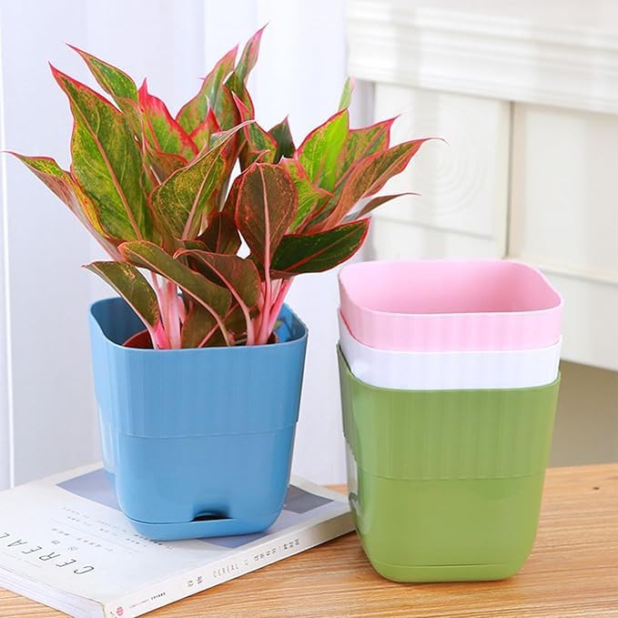 Image of StyleX Store Pack of 5 Self Watering Flower Pot, Indoor Outdoor Modern Plant Pot with Integrated Water Tray for Home Balcony Garden Office, Square Decorative Pot for Plants Succulents Herbs (Multi)