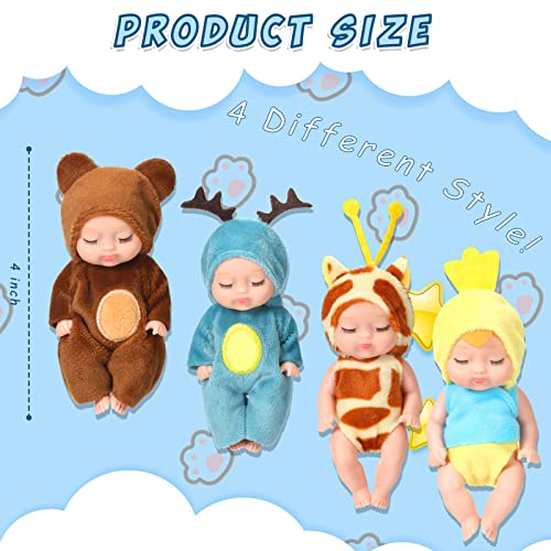 Leitee Mini Reborn Baby Dolls 4 Pcs, 4 Inch, Realistic Washable Pvc Set With Clothes & Hat For Kids, Dollhouse Toy #TOP1