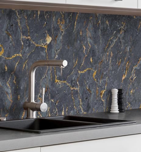 MyMaxxi Küchenrückwand selbstklebend - Matte, versteifte Spritzschutz Folie als günstige Alternative zu Glas, einfache Montage & leichte Reinigung - 60 cm hoch - Motiv: Marmor schwarz 280 x 60 cm