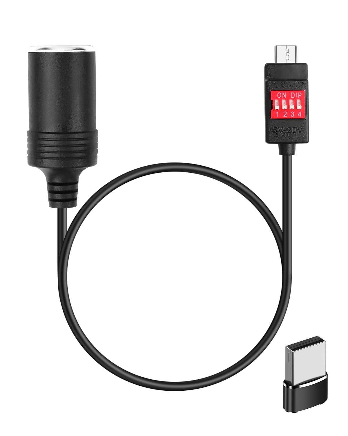 Adattatore USB C a accendisigari auto, 100 W, con adattatore USB A, interruttore DIP regolabile da 5 V/9 V/12 V/15 V/20 V, per dash cam, GPS, ecc