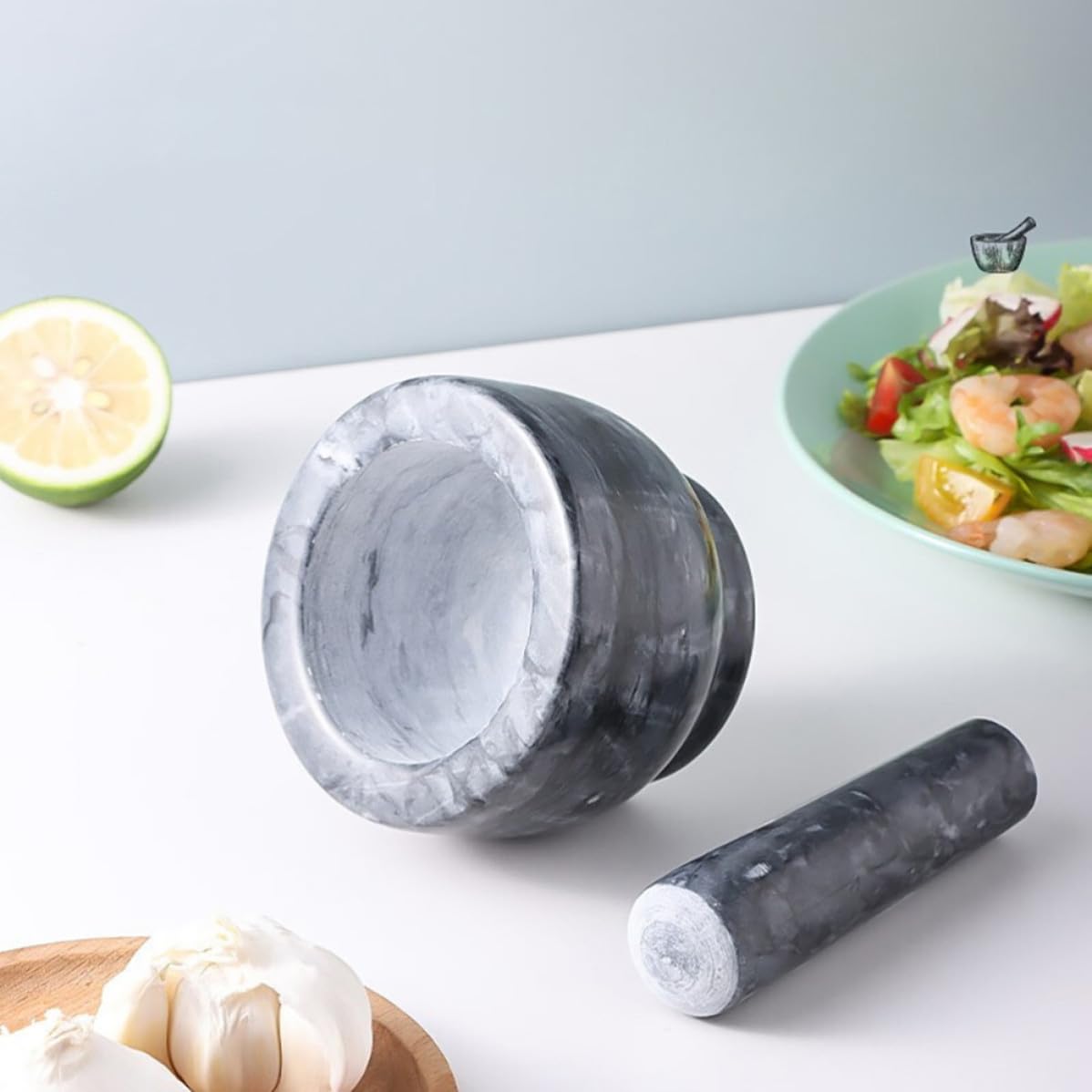 Mortier et Pilon en Marbre Noir, Facile à Utiliser, pour Ail et Poudre, pour Restaurant et Pharmacie