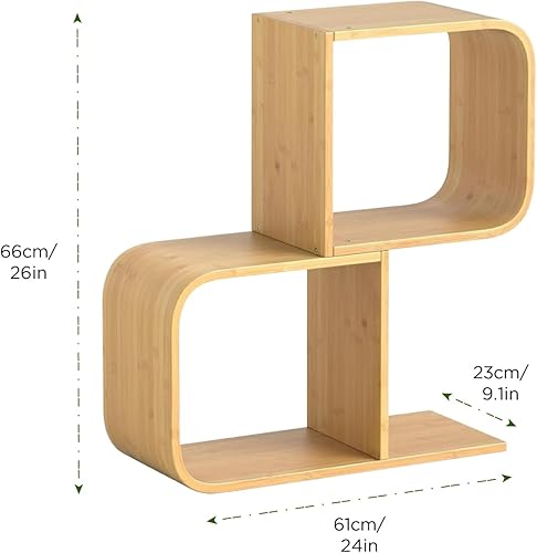 Miniatura 9 de Estantería geométrica moderna de bambú de 4 niveles en forma de S, gran capacidad, estante curvado, mesita de noche 2 en 1, estantería de