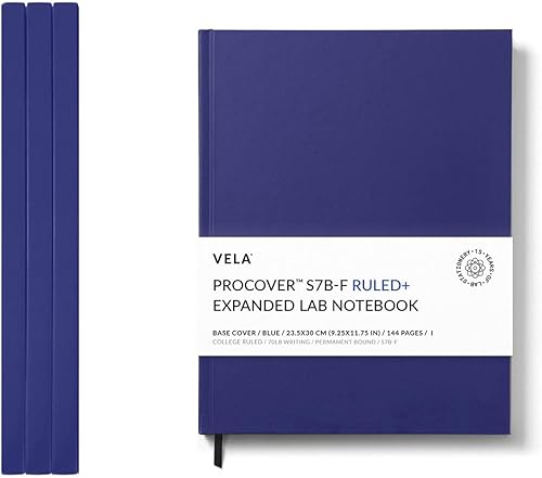 Vela Sciences S7B - Cuaderno de laboratorio expandido ProCover de 9.25 x 11.75 pulgadas (9.3 x 11.8 in), 144 páginas, cuero sintético azul,