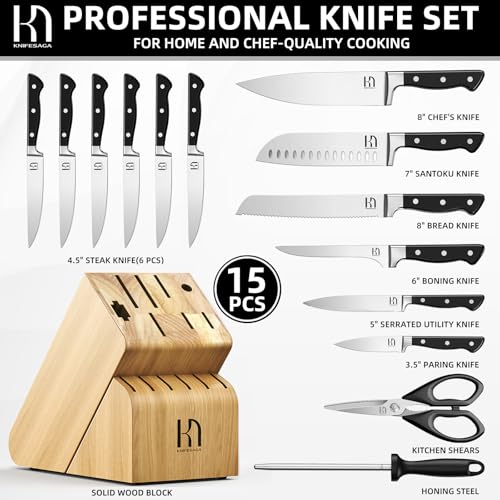 Image of Knife Set, 15 Pcs Kitchen Knife Block Set, Enduring Razor-Sharp Japanese High Carbon Stainless Steel Chef Knife Set with Block and Sharpener, Premium Knives Set for Kitchen, Black Natural Wood