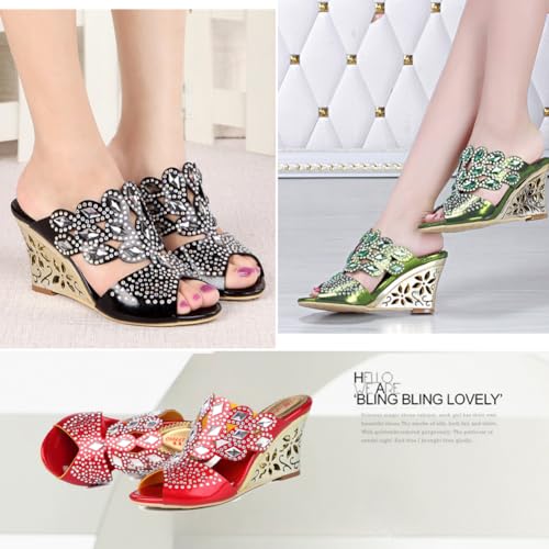 Women's Crystal Rhinestones Slip on, Rhombus Shaped Party Dress Wedge Sandals,Prom Shoes3