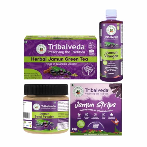 Image of TribalVeda Grand Combo Pack - Jamun Strips-80gm + Jamun Vinegar-250ml + Jamun Seed Powder-250gm + Green Tea-30 Bags, Fresh Fruit Black Plum - Organic and Natural.