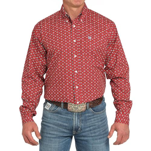 Cinch Men's Red Print Long Sleeve Button Shirt