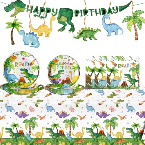 Dinosaur Birthday Party Decorations Includes Plates Napkins Banner Tablecloth for Dinosaur Theme Birthday Party Supplies Decorations, Serve 20