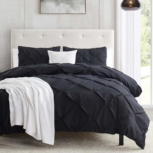 Image of Nestl Twin Duvet Cover Set Black - Soft Double Brushed Duvet Set with Button Closure & Corner Ties, 2 Piece Luxurious Pinch Pleated Duvet Cover Set 68x90 Inches with 1 Pillow Sham
