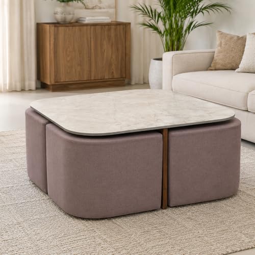 Image of The Attic Norwood Coffee Table, Coffee Table for Living Room, Coffee Table with 4 stools Solid Wood Centre Table with Ceramic Top, Tobacco Brown Finish