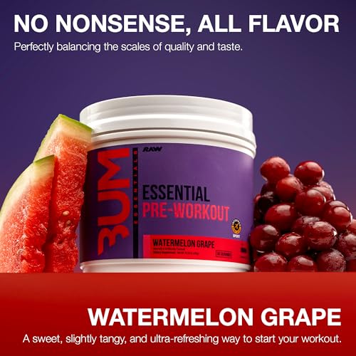 Image of RAW Essential Pre-Workout Powder (Watermelon Grape) - Chris Bumstead Sports Nutrition Supplement for Men & Women - Preworkout Energy Powder with Caffeine, L-Citrulline, L-Tyrosine & Beta Alanine Blend