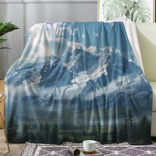 Manta de Vellón para Toda Estación,Franela Manta Mullida Paisaje de montaña Nevada con árboles brumosos Decorativa y Suave Sillón Mantas de Franela L