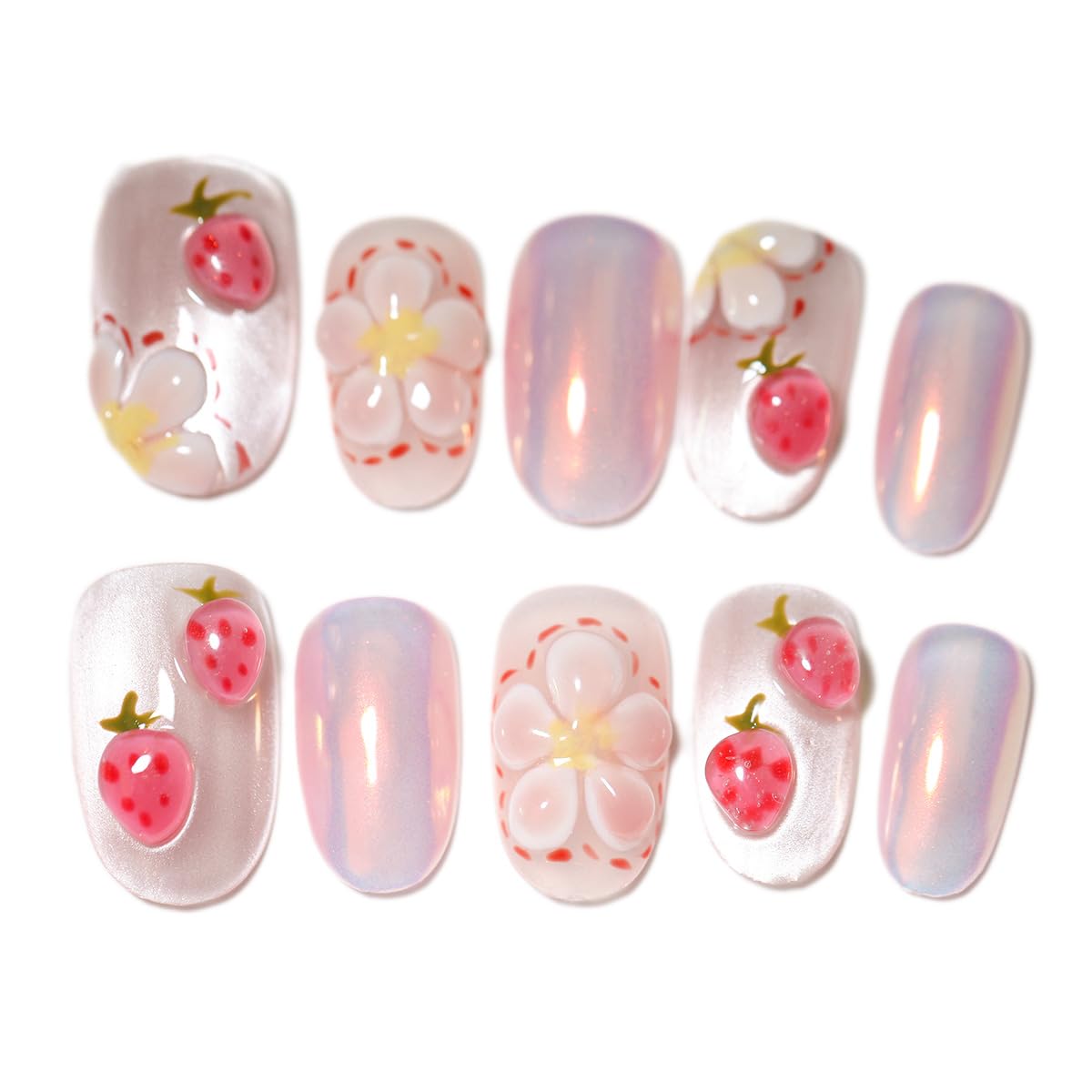 10 Medium Handmade Press On Nails | with 3D Floral and French design False Nails | Skip Salon Trips, Easy to Apply & Remove, Reusable (A008, XS)