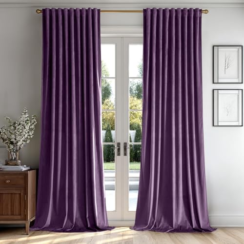 Image of MIULEE Purple Velvet Pinch Pleat Blackout Curtains W52 X L96 Inches