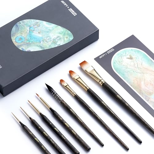 Artify Watercolor Brushes - Collaboration with Painter Stephanie Law 8Pcs Watercolor Brush Set Professional Bionic Hair High Paint Capacity & Tip Retention Round Detail Filbert Quill Brushes