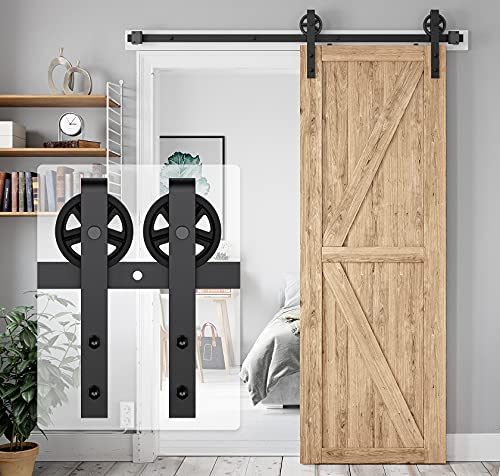 HomLux 5FT Heavy Duty Barn Door Hardware Kit, Sliding Barn Door Hardware Kit for Wood Single Barn Door, Fit 1 3/8-1 3/4" Thickness & 30" Wide Door Panel, Black, Industrial Big Wheel J Hangers