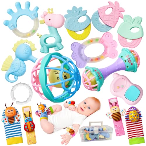 15PCS Rattles for Babies 0-6 Months - BPA-Free Baby Rattles 0-3, 6-12 Months for Newborn Soft Teething Toys Infant Toys with Wrist & Ankle Rattles,...