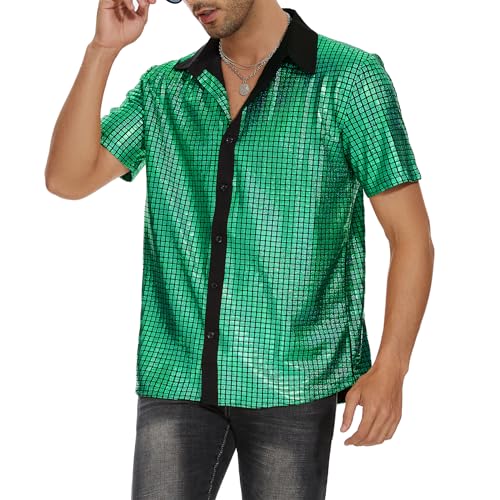 Image of Zando Men's Sequin 70s 80s Disco Shirt - Retro Short Sleeve Button Up Costume Halloween New Year Party Outfit Top & Clubwear