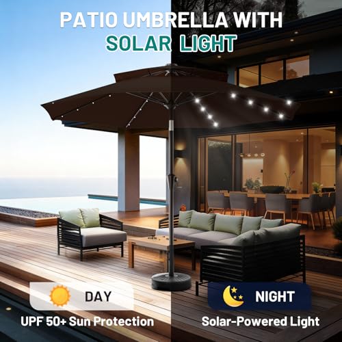 Image of AreShark 9ft 3 Tiers Patio Umbrella with Solar Lights, Outdoor Umbrella w / 32 LED Lights&8 Sturdy Ribs, Table Umbrella for Deck, Backyard, Pool (Dark Brown)