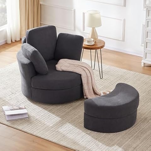 Huatean Home 39” Swivel Accent Barrel Chairs with Removable Headrest, Chaise Lounge Indoor with Neck Support Pillow, Oversized Chair with Ottoman,Swivel Chairs for Living Room, Grey Cover